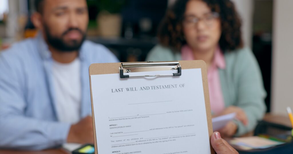 Closeup, hand and last will for document in office for testament, insurance or future planning. Fun